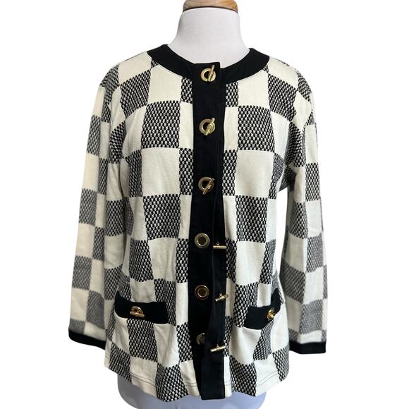 L'eau Vive Vintage Hong Kong Black Ivory Check Old Money Cardigan Toggle Sweater - Picture 1 of 6